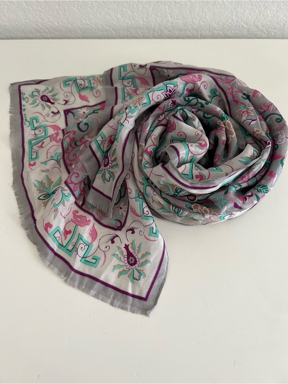 Vintage Oscar de la Renta 100% Silk Neck Scarf Floral Print Teal Purple Pink